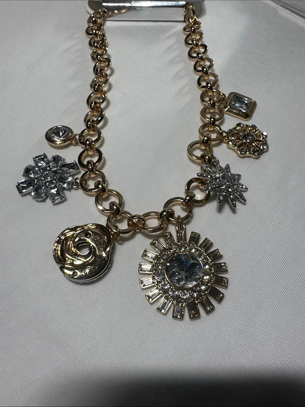 a new day Two-Tone Gold Charm Necklace with Silver Crystal Charms & earrings NWT